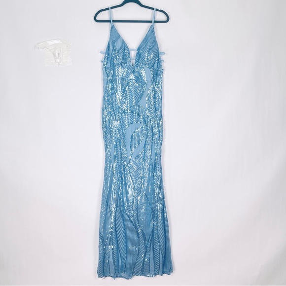 Light Baby Blue Sequin Stretch V-Neck Dress Gown Sz XL NWT - Picture 7 of 11